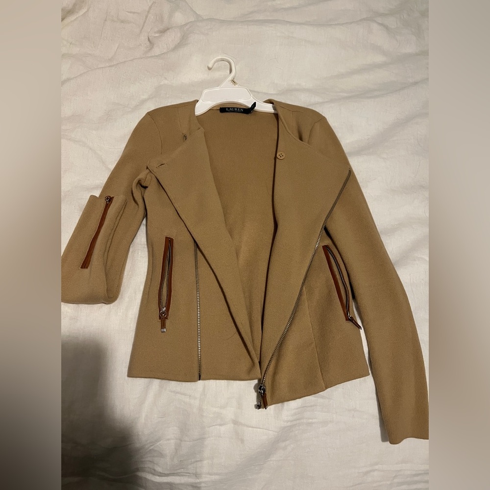 XXS Ralph Lauren Tan sweater jacket. With asymmetrical zipper and leather trim.